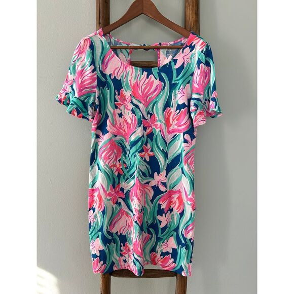 Lilly Pulitzer Floral Knit Dress Tie-Neck Short Sleeve Casual Comfy M - Picture 3 of 7